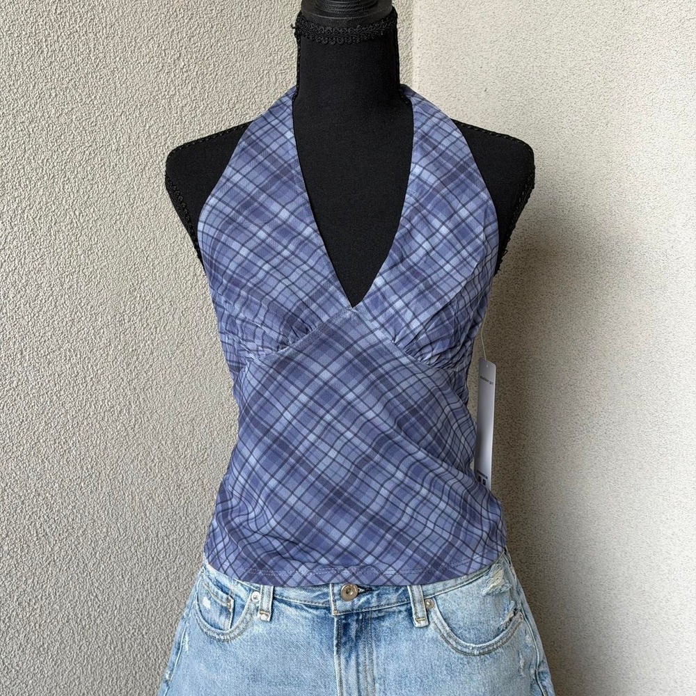 Madden Girl Blue Plaid Halter Top Size M NWT